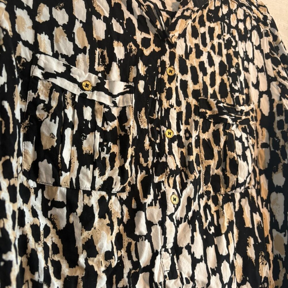 Calvin Klein Black Beige Animal Print Long Roll Tab Sleeves Buttons Up Shirt - Picture 2 of 7
